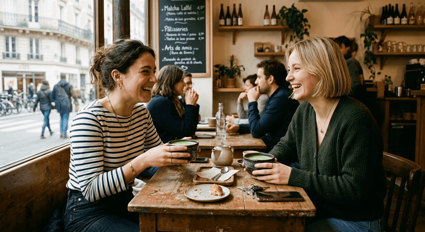 Deux amis au café avec leur matcha